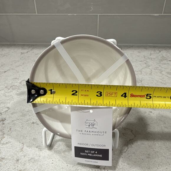 Set 4 Melamine 4” DIP Small Bowls Farmhouse Ashwell WHITE GRAY / TAUPE RIM - New - Picture 2 of 4